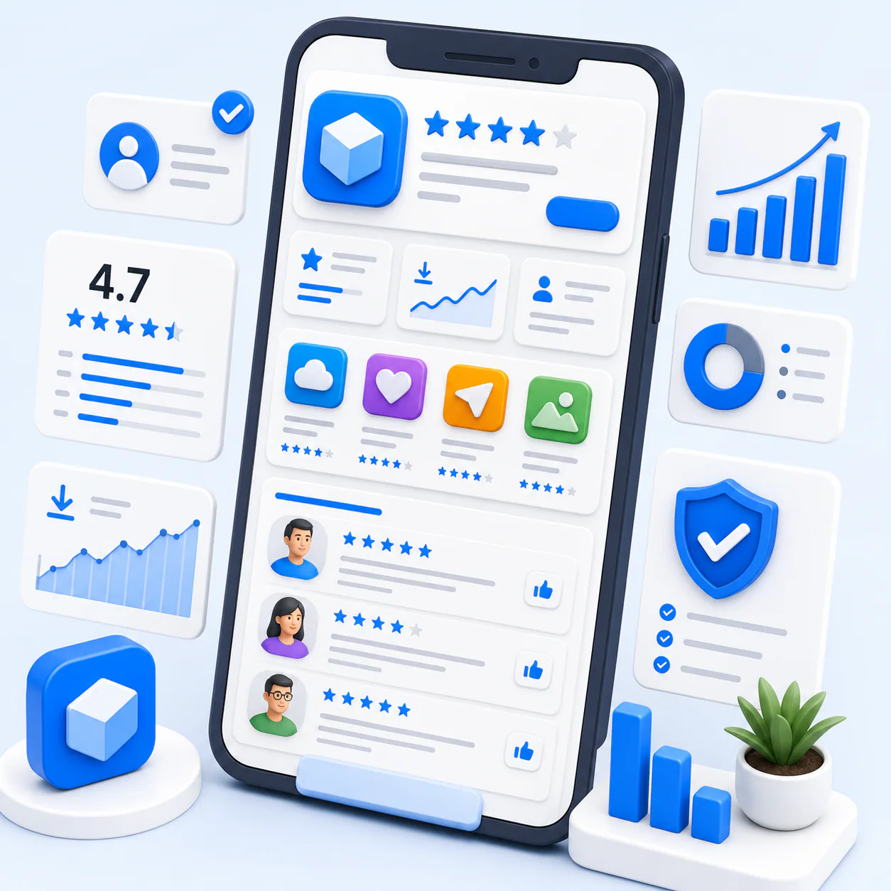 Визуал страницы приложения App Store с отзывами и рейтингом