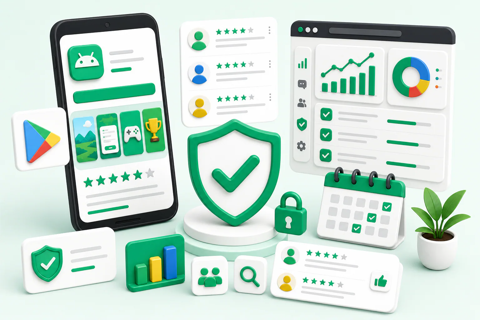 Визуал гарантий и контроля отзывов на Google Play